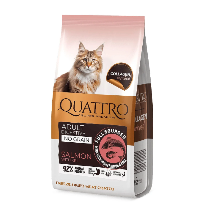 קוואטרו Quattro Sensitive סלמון וקריל ללא דגנים מזון יבש לחתולים רגישים 7 ק"ג